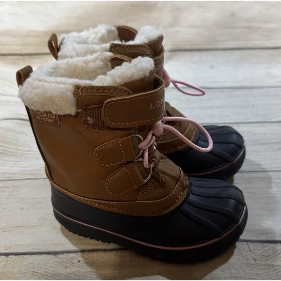 Toddler Girls London Fog Winter Snow Boots Hook Loop Brown Blue Size 6 - Picture 1 of 7